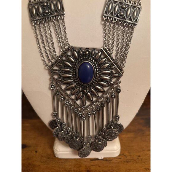 Boho Gypsy Coin Bib Necklace Bold Silver Statement With Blue Stone - Picture 4 of 16